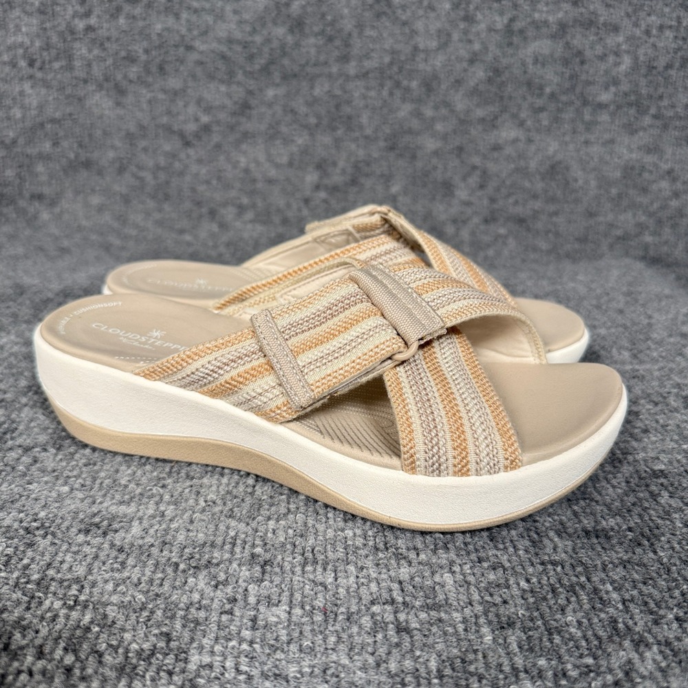 Clarks Size 7 Slide Sandals Beige Combi Cloudsteppers Arla Wave Slip On Open Toe